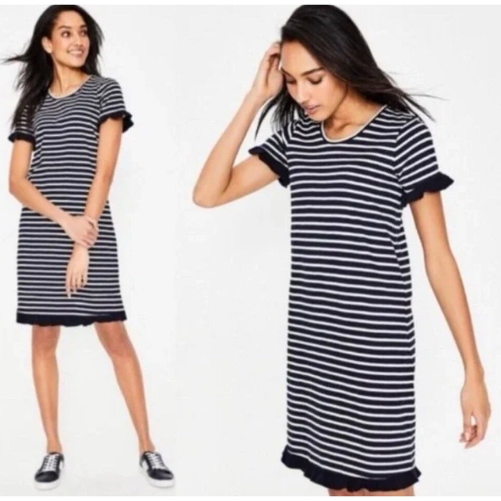 Boden Emily Striped Cotton Ruffle Trim Dress In Navy‎ White Size XS
